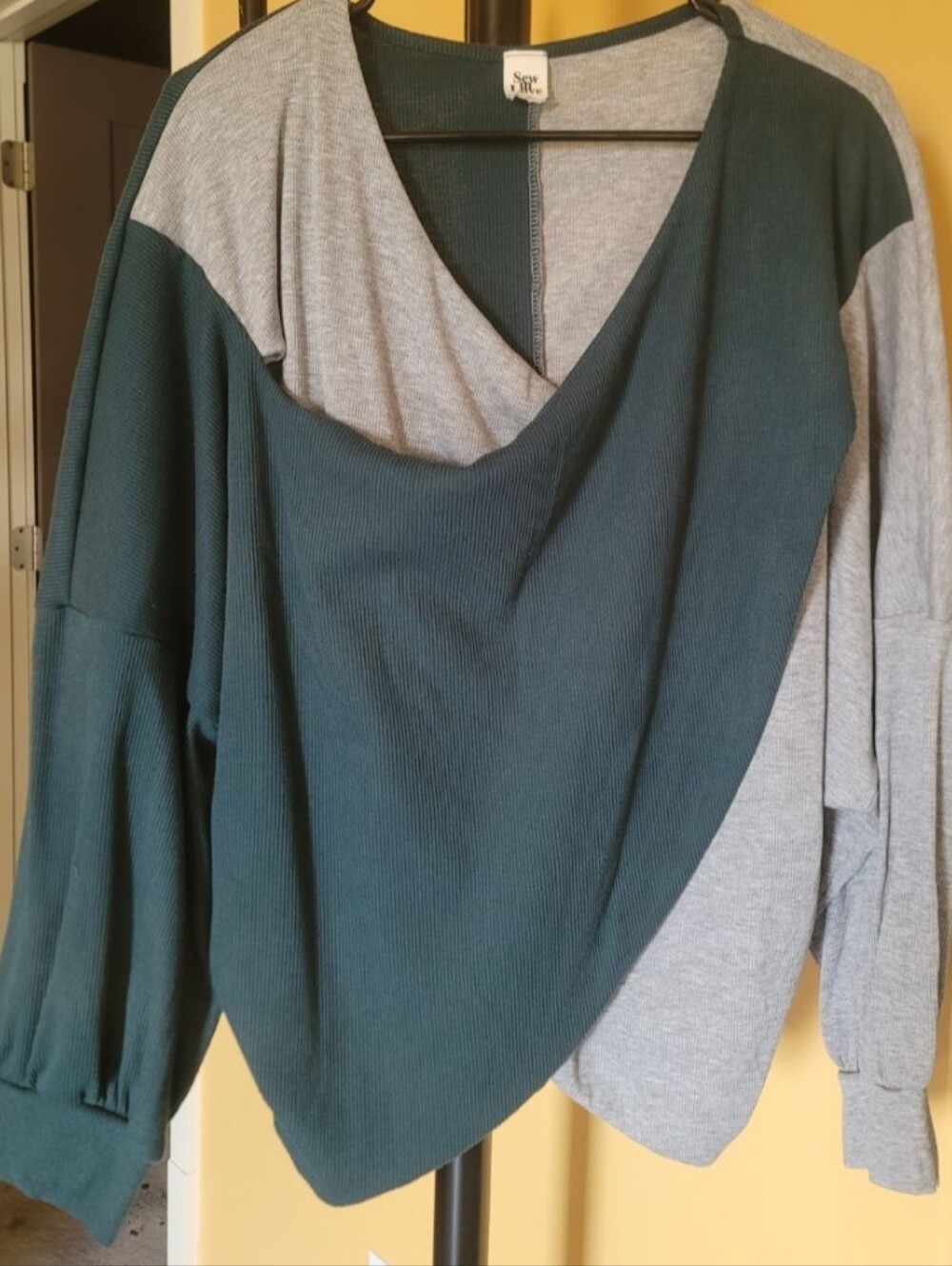 Sew In Love Two-Tone V-Neck Sweater in Teal and Light Gray